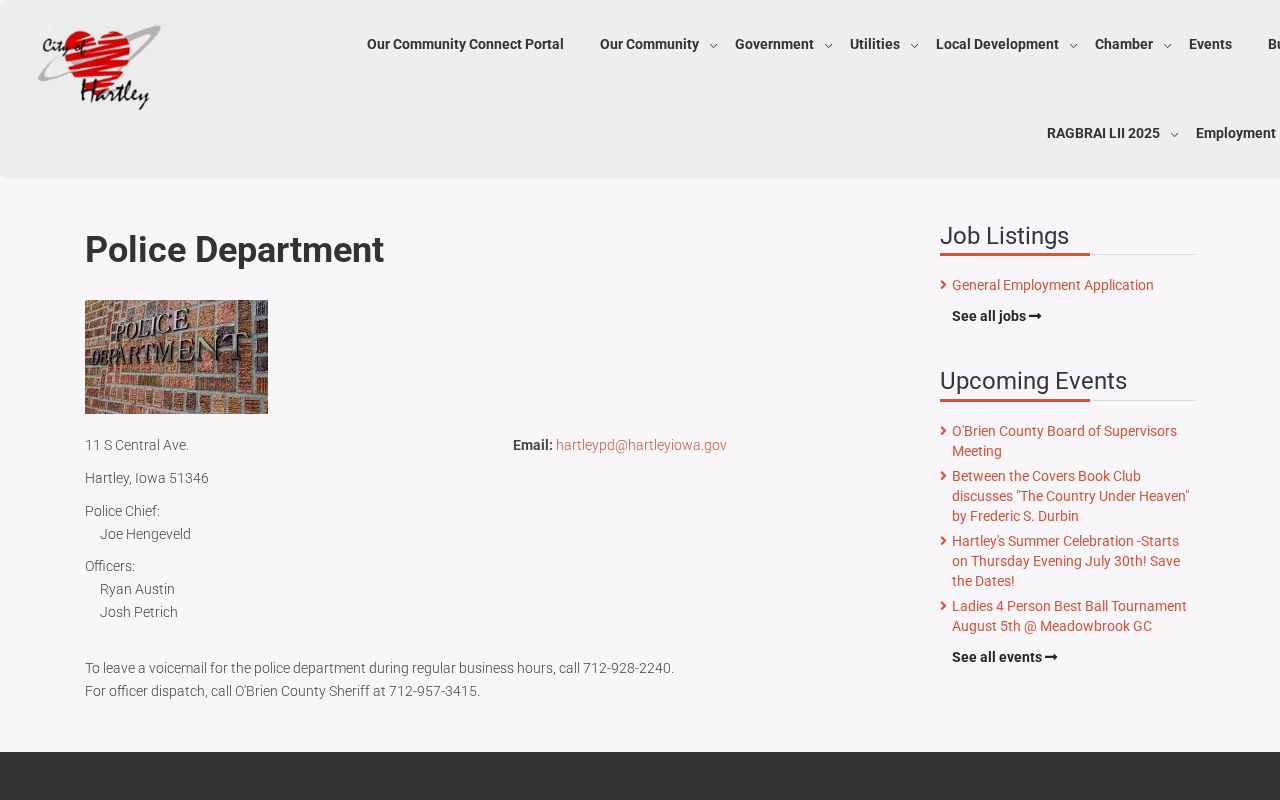 Hartley Police Department criminal records contact page