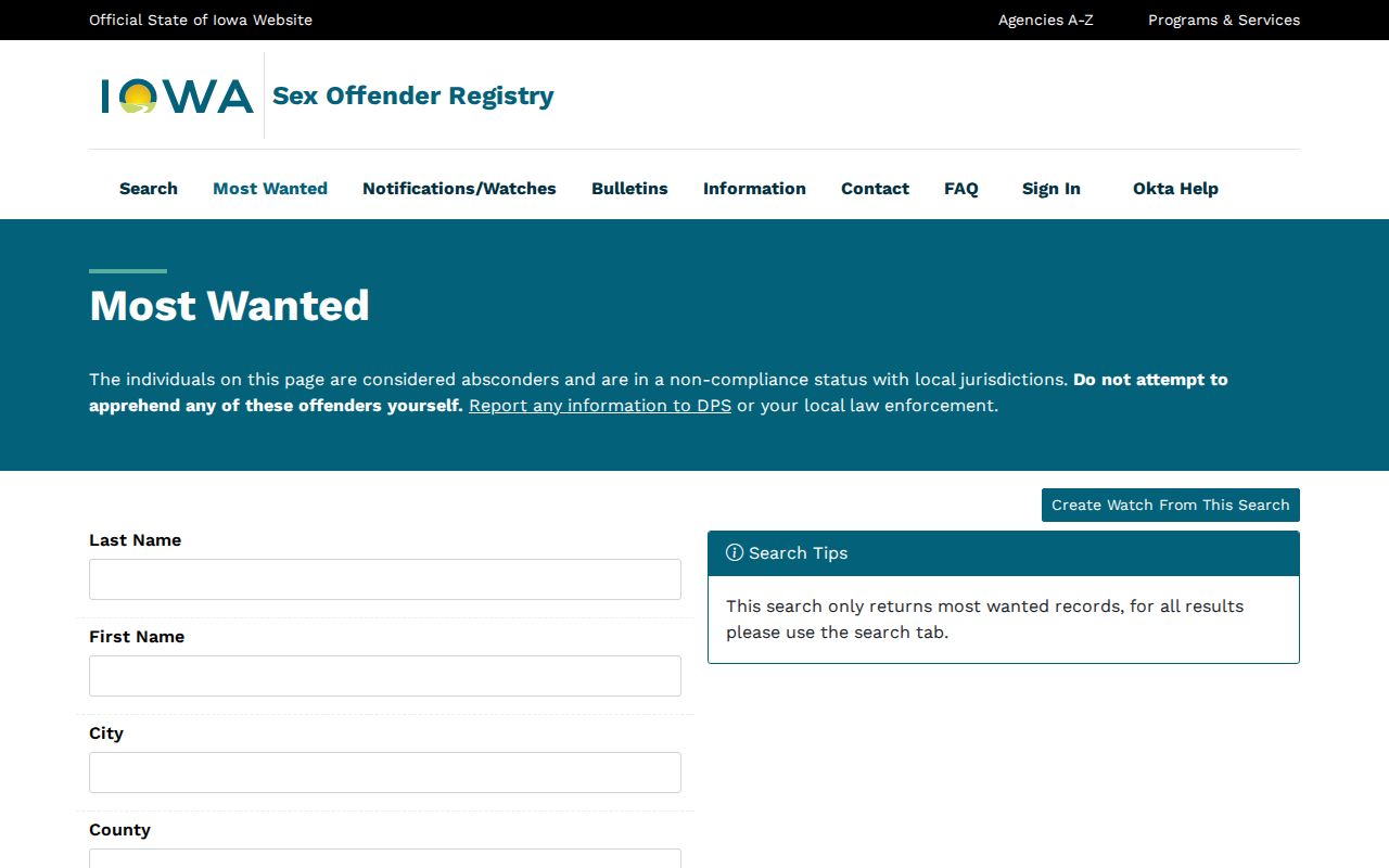 O'Brien County sex offender check through Iowa registry most-wanted search